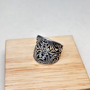 Heavy Wide Band Thailand Sterling Silver Ring 925 Filigree Oxidized sz:6.75